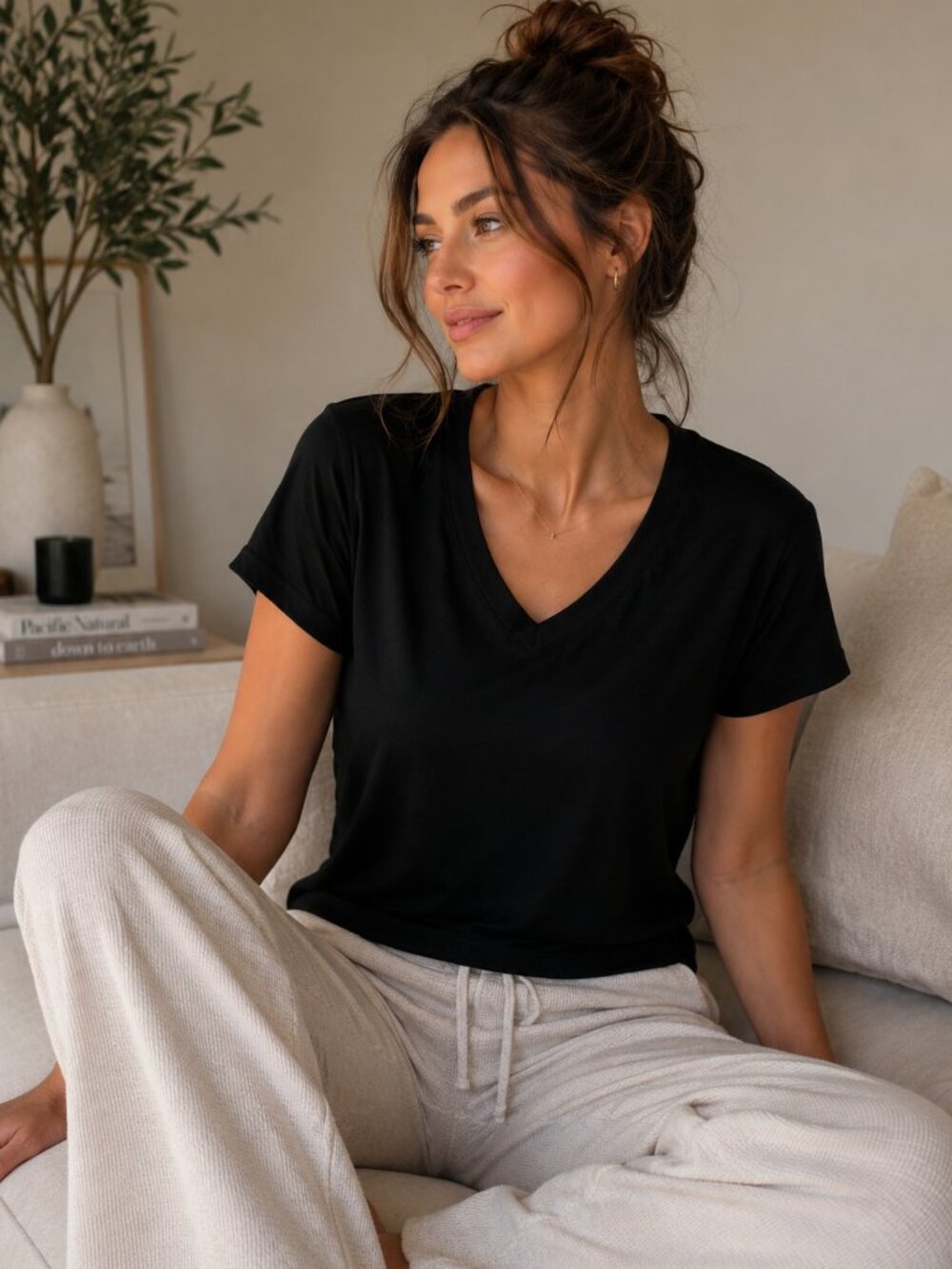 FN by Flora Nikrooz Black Soft Stretch V-Neck Lounge Tee